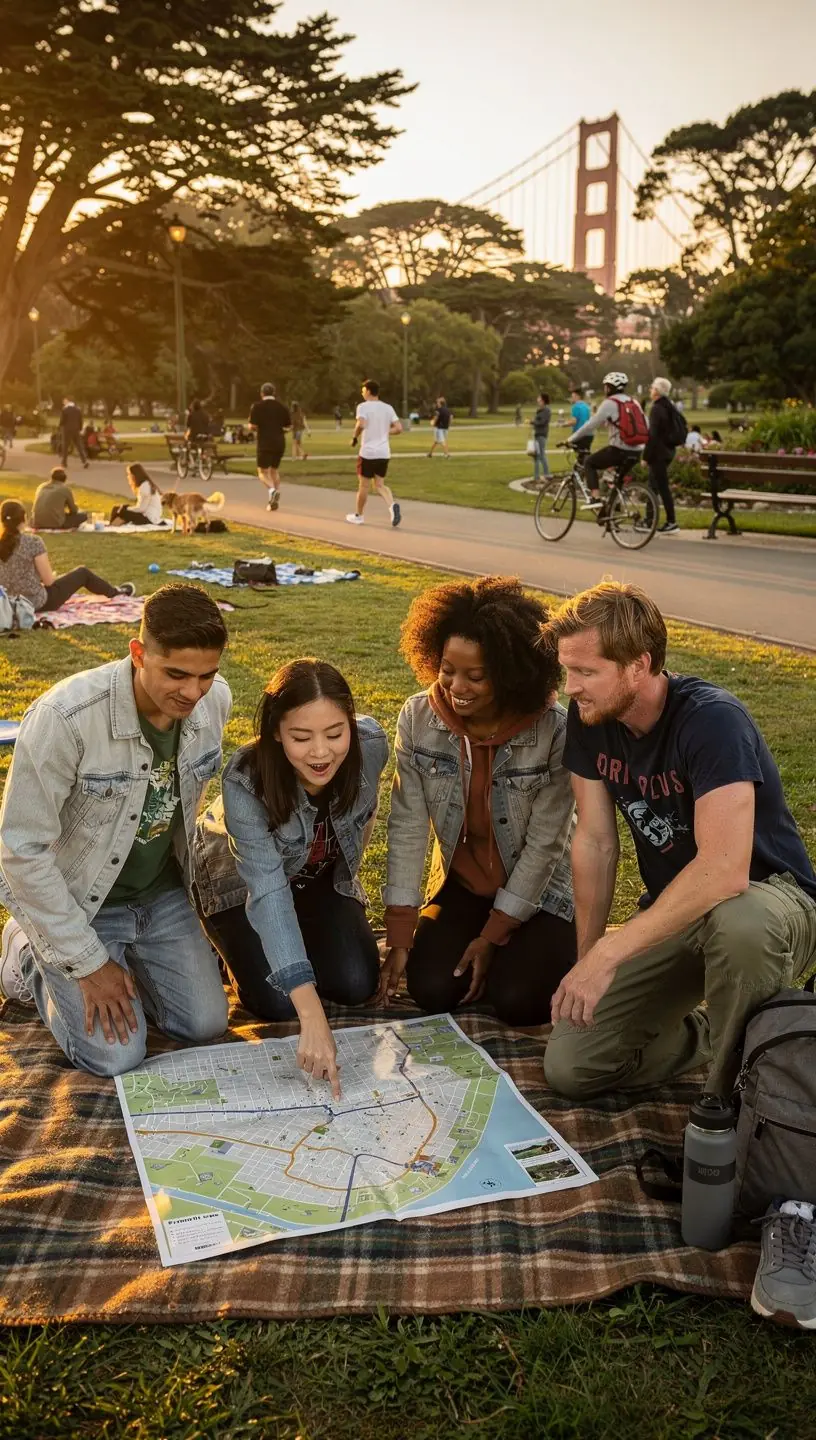 Grupa turystów korzystających z papierowej mapy podczas eksploracji lokalnych atrakcji.